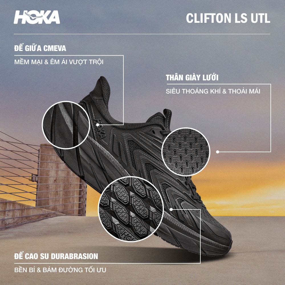 Giày Sneaker Nam HOKA Clifton LS UTL - Đen - Supersports Vietnam